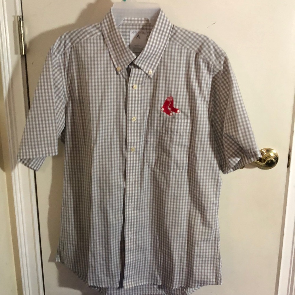 Boston Red Sox MLB Antigua Short Sleeve Full Button Plaid Dress Shirt Mens Large